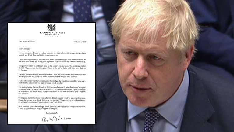 Boris Johnson has written to MPs after they voted to delay his Brexit deal