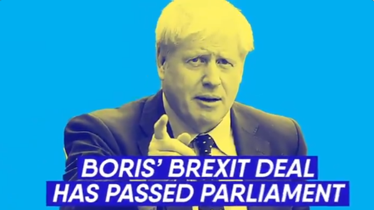 Conservative Party tweet graphic saying falsely that Boris Johnson&#39;s Brexit deal has passed parliament