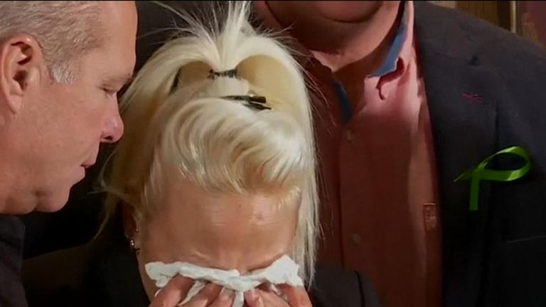 Charlotte Charles, the mother of Harry Dunn, breaks down during a news conference in New York talking about her son