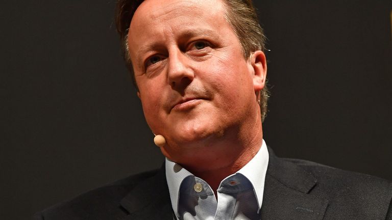 David Cameron speaking during the Cheltenham Literature Festival at Cheltenham Racecourse