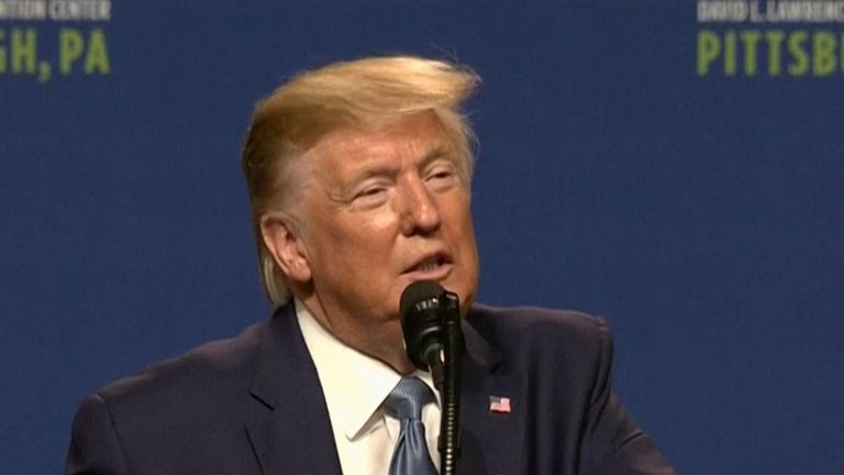 US President Donald Trump speaking at a rally