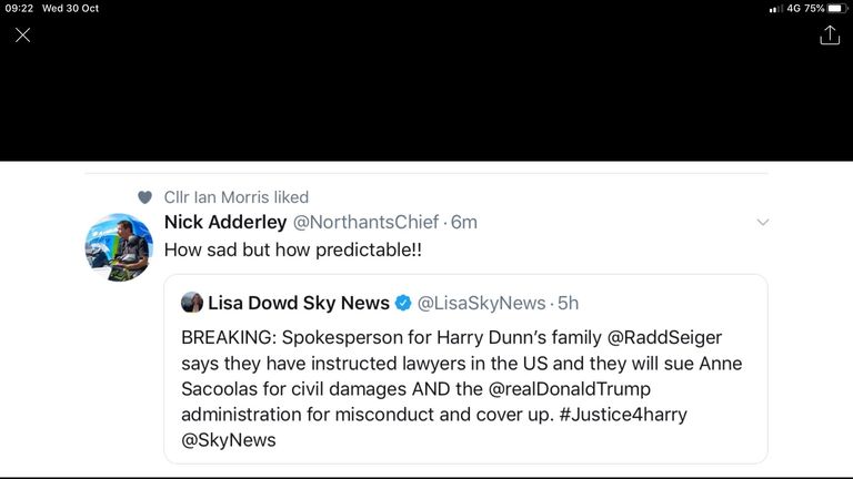 Nick Adderley's tweet about the Harry Dunn case