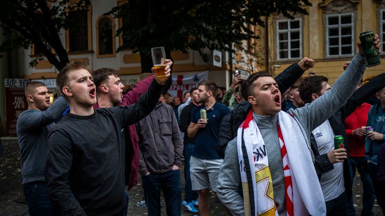 PRAGUE, CZECH REPUBLIC - OCTOBER 11: England fans in Prague ahead of the European Championship qualifying match between Czech Republic and England on October 11, 2019 in Prague, Czech Republic. (Photo by Gabriel Kuchta/Getty Images) 