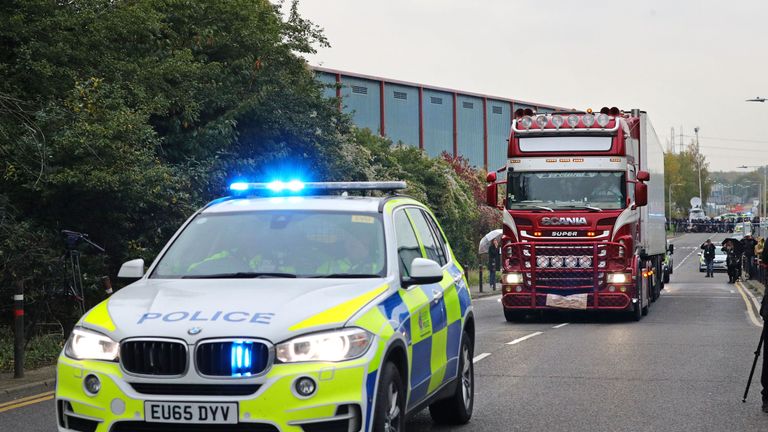 Police have escorted the lorry away from the scene of the discovery