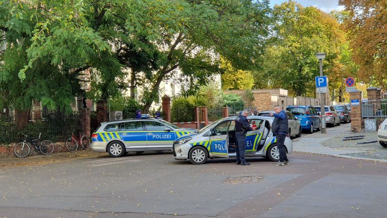 Police secures the area after a shooting in the eastern German city of Halle 