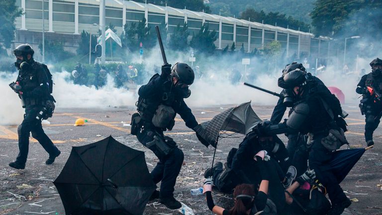 Police detain demonstrators in the Sha Tin district of Hong Kong 
