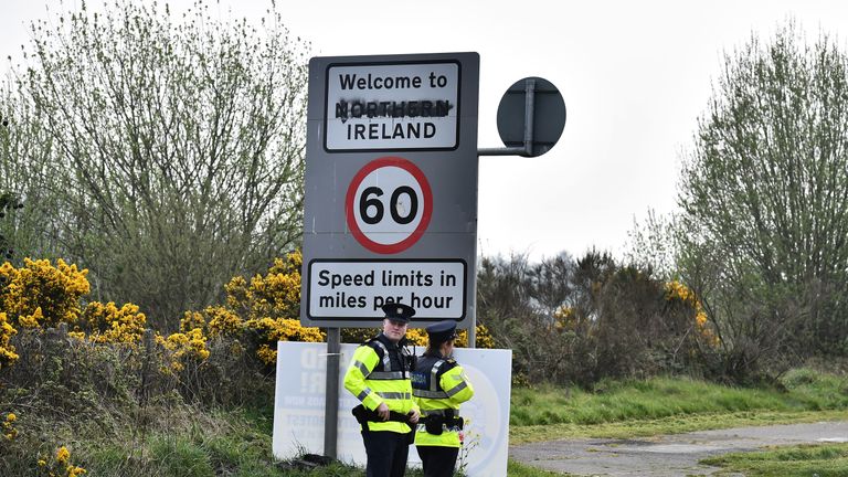 LONDONDERRY, NORTHERN IRELAND - APRIL 18: Irish police stand on the southern side of the border as US House of Representatives Speaker Nancy Pelosi visits the border between the United Kingdom and the Republic of Ireland on April 18, 2019 in Londonderry, Northern Ireland. The leading Democrat politician is on a four day visit to the island of Ireland discussing Brexit among other matters
