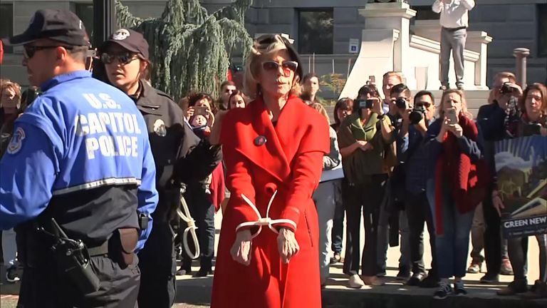 Jane Fonda was arrested again for protesting outside the Capitol in Washington DC in an effort to urge US officials to take climate change seriously. 