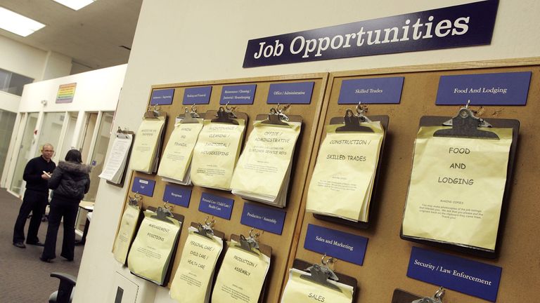 OAKLAND, CA - FEBRUARY 02: A job listing board hangs at the East Bay Career Center February 2, 2006 in Oakland, California. According to a government report, U.S. unemployment benefits claims dropped to about 273,000 last week, sending a four-week average of claims to the lowest level in nearly six years. (Photo by Justin Sullivan/Getty Images)
