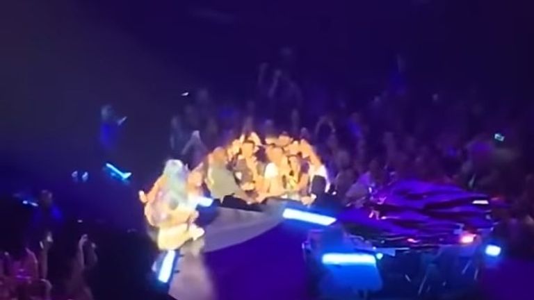 Lady Gaga came a cropper when a fan she&#39;d invited on stage lost his footing