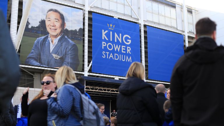 LEICESTER, ENGLAND - OCTOBER 19: Fans take part in a memorial walk as the anniversary of the death of former Leicester City chairman, Vichai Srivaddhanaprabha, approaches prior to the Premier League match between Leicester City and Burnley FC at The King Power Stadium on October 19, 2019 in Leicester, United Kingdom. (Photo by Michael Regan/Getty Images)