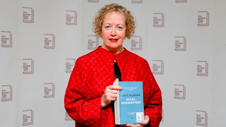 US-born British novelist Lucy Ellmann poses with her book Ducks, Newburyport during the photo call for the authors shortlisted for the 2019 Booker Prize for Fiction