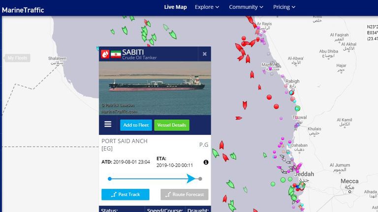The Sabiti tanker&#39;s location off the coast of Jeddah, according o Marinetraffic.com. Pic: Marinetraffic.com