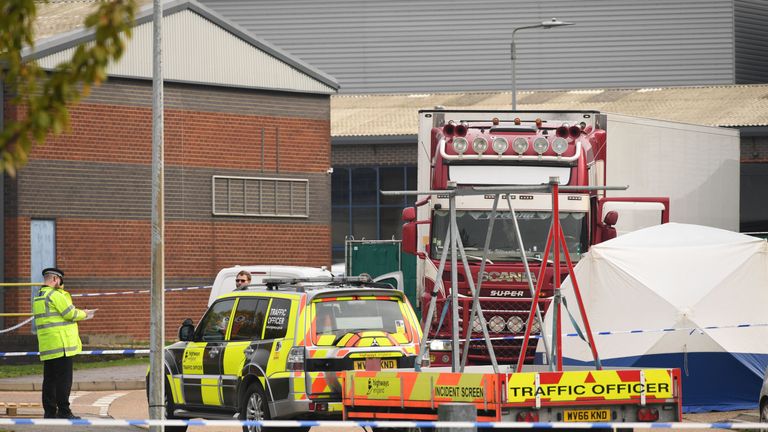 Police activity at the Waterglade Industrial Park in Grays, Essex, after 39 bodies were found inside a lorry container on the industrial estate. PA Photo. Picture date: Wednesday October 23, 2019. Early indications suggest there 38 are adults and one teenager, police said. The lorry is from Bulgaria and entered the country at Holyhead, North Wales, one of the main port for ferries from Ireland. See PA story POLICE Container. Photo credit should read: Stefan Rousseau/PA Wire  