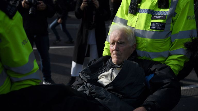 An elderly protester is carried away by police after being arrested 