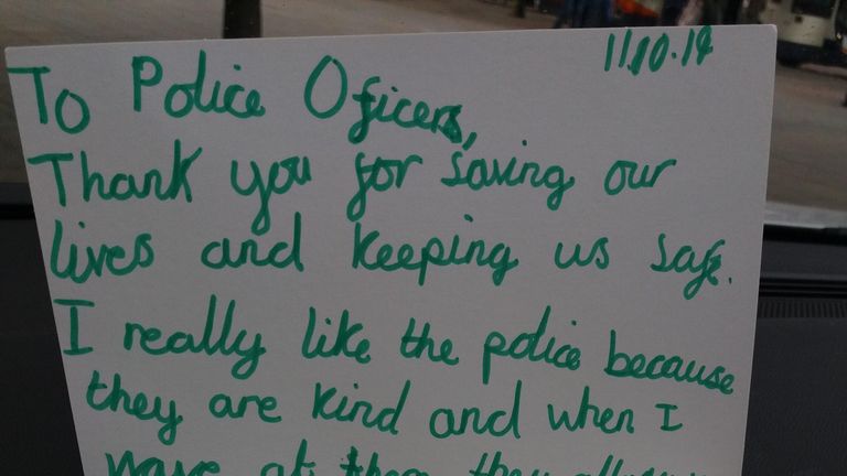 The note was left on the windscreen of a patrol car in the city centre. Pic: @GMPCityCentre