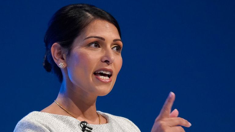                                MANCHESTER, ENGLAND - OCTOBER 01: Home Secretary, Priti Patel addresses the delegates on the third day of the Conservative Party Conference at Manchester Central on October 1, 2019 in Manchester, England. Despite Parliament voting against a government motion to award a recess, Conservative Party Conference still goes ahead. Parliament will continue with its business for the duration. (Photo by Christopher Furlong/Getty Images)