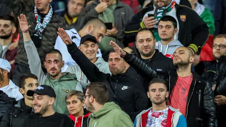 Bulgarian fans appear to make Nazi salutes during the match