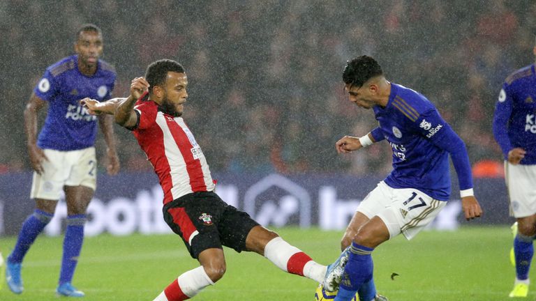Ryan Bertrand of Southampton tackles Ayoze Perez of Leicester City - for which he was sent off
