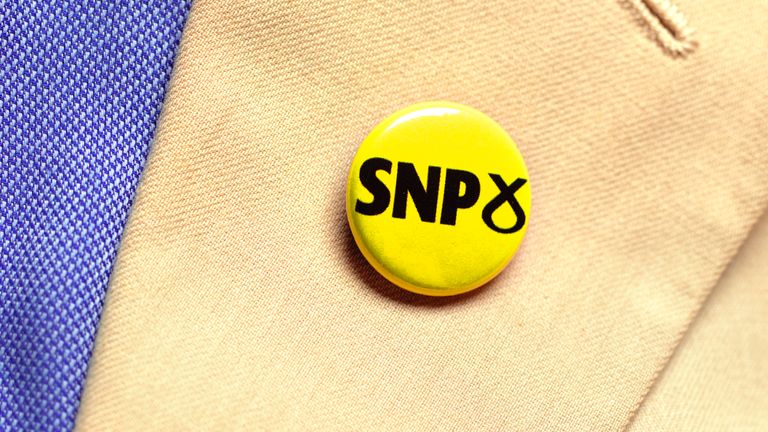 LONDON,JULY 18:  In this photo illustration, a person wears a SNP Party badge photographed July 18, 2019 in London. (Photo by Peter Dazeley/Getty Images)