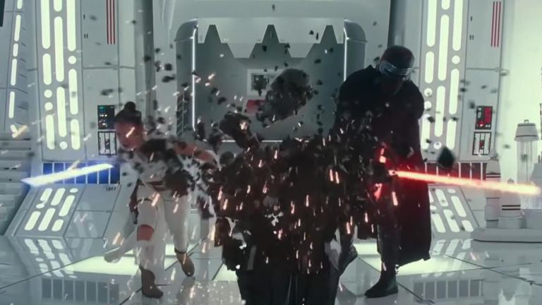 Rey and Kylo Ren team up to destroy what looks to be Darth Vader&#39;s iconic helmet