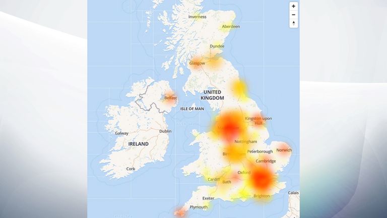 A map shows the part of the country where complaints have been logged. Pic: Downdetector