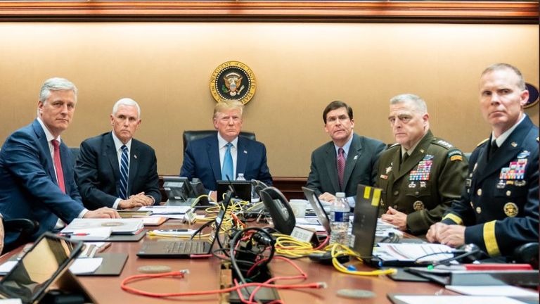 Donald Trump with VP Mike Pence, National Security Advisor Robert O’Brien, left; Secretary of Defence Mark Esper and Chairman of the Joint Chiefs of Staff US Army General Mark A. Milley, and Brig. Gen. Marcus Evans