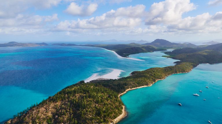 Aerial view of the Whitsunday Islands in the pacific ocean on November 20, 2015 in Whitsunday Islands, Australia