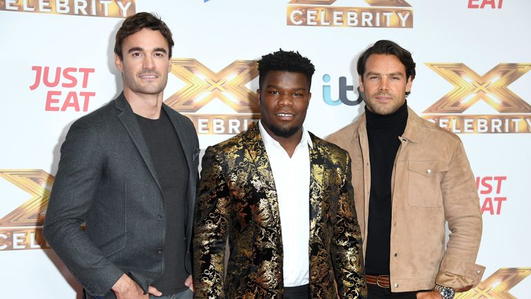 Thom Evans, Levi Davis and Ben Foden of Try Star attend "The X Factor: Celebrity" launch photocall at The Mayfair Hotel on October 09, 2019 in London