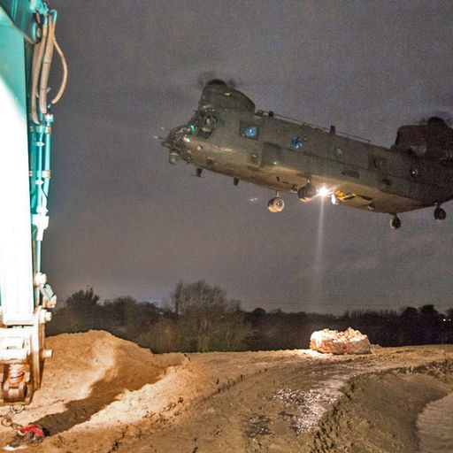 RAF helicopter and army engineers strengthen flood defences in South Yorkshire