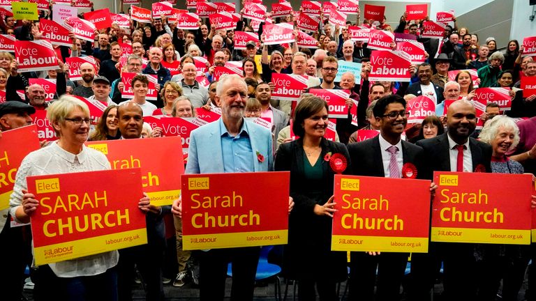 Britain's Labour Party leader Jeremy Corbyn (2L) holds a placard as he poses with supporters at Commonweal Sixth Form College in Swindon on November 2, 2019 during a general election campaign tour of South West England. - Britain will go to the polls on December 12 to vote in a pre-Christmas general election in a bid to unlock the Brexit deadlock. (Photo by Niklas HALLE'N / AFP) (Photo by NIKLAS HALLE'N/AFP via Getty Images)