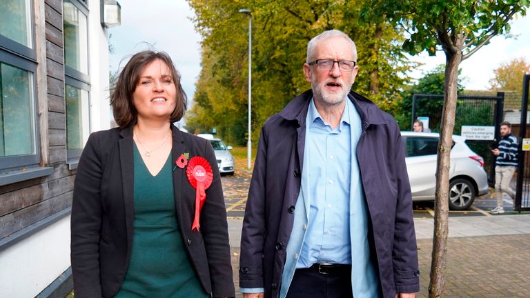 Britain's Labour Party leader Jeremy Corbyn (R) is greeted by Sarah Church (L), Labour Party Prospective Parliamentary Candidate for South Swindon, as he arrives at Commonweal Sixth Form College in Swindon on November 2, 2019 during a general election campaign tour of South West England. - Britain will go to the polls on December 12 to vote in a pre-Christmas general election in a bid to unlock the Brexit deadlock. (Photo by Niklas HALLE'N / AFP) (Photo by NIKLAS HALLE'N/AFP via Getty Images)