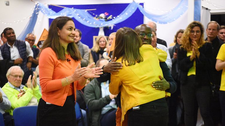 Liberal Democrat leader Jo Swinson hugs Sam Gyimah MP during the launch of his campaign in Kensington, a new target seat for the party, at St Sarkis Armenian Church in Kensington, London.