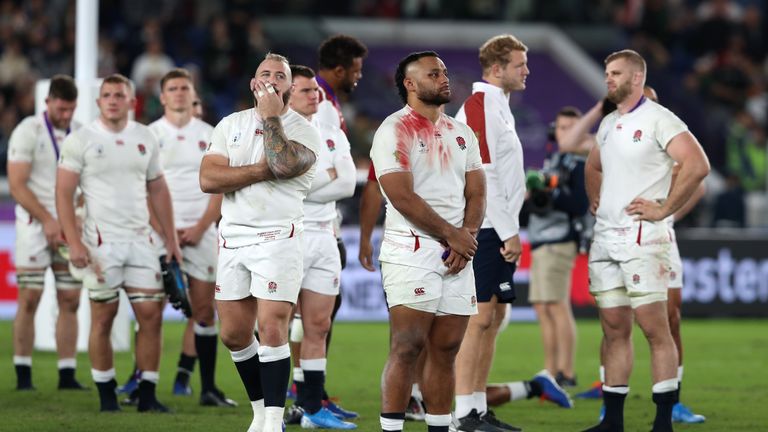 England's Billy Vunipola (right) and Joe Marler react during the 2019 Rugby World Cup final match at Yokohama Stadium.