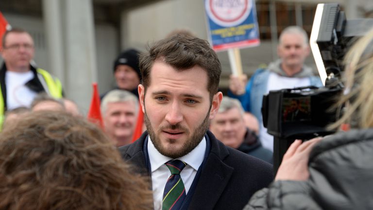 EDINBURGH, SCOTLAND - FEBRUARY 19: Glasgow North East MP Paul Sweeney is interviewed as he joins demonstrators from the Unite union outside the Scotish Parliament, calling on the Scottish Government to intervene over projected job losses at the St Rollox Railway Works in Glasgowthe, on February 19, 2019 in Edinburgh, Scotland. The St Rollox Works - known locally as the "Caley" works - was first established in the 1850s. (Photo by Ken Jack/Getty Images)