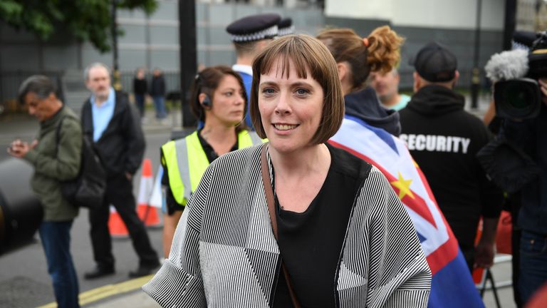 LONDON, ENGLAND - SEPTEMBER 04: Labour MP Jess Phillips for Birmingham Yardley  stands on the street as Pro-remain supporters gather in Westminster on September 4, 2019 in London, England. Activists from People's Vote, Young Conservatives and other organisations protested against the governments stance on Brexit as MPs were debating legislation to block a 'No-deal' Brexit. (Photo by Chris J Ratcliffe/Getty Images)