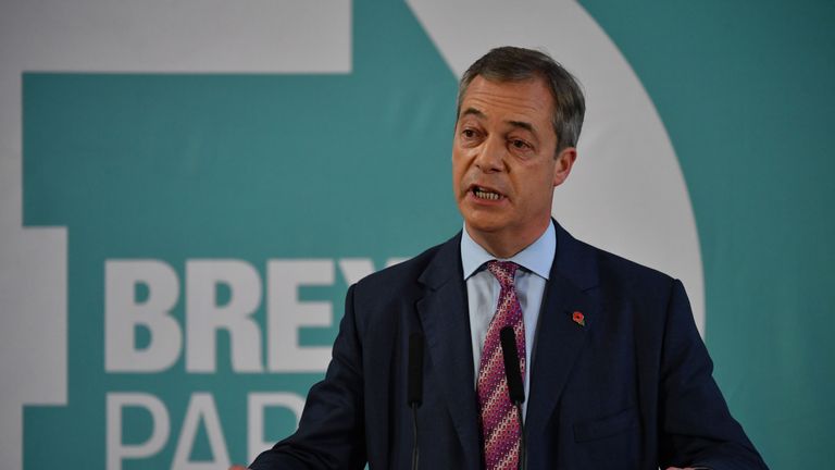 Brexit Party leader Nigel Farage gives a speech in Hartlepool, northeast England, on November 11, 2019 during a general election campaign visit. - Britain will go to the polls on December 12 to vote in a pre-Christmas general election. Farage said in the speech that he won't contest Tory-held seats during the election. (Photo by Paul ELLIS / AFP) (Photo by PAUL ELLIS/AFP via Getty Images)