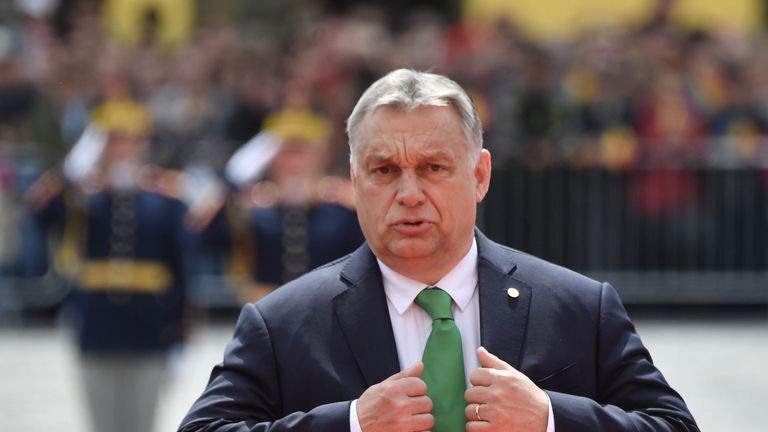 Hungary's Prime Minister Viktor Orban reacts as he arrives for an EU summit in Sibiu, central Romania on May 9, 2019. - European Union leaders meet on May 9, 2019 to set out a course for increased political cooperation in the wake of the impending departure of the United Kingdom from the bloc. (Photo by Daniel MIHAILESCU / AFP)        (Photo credit should read DANIEL MIHAILESCU/AFP via Getty Images)