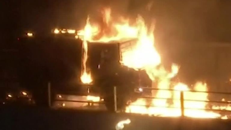 Police vehicle on fire in Hong Kong