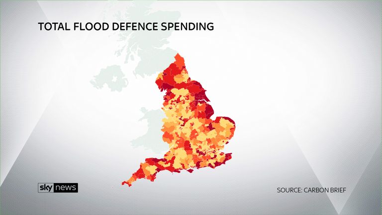 Darker areas show the constituencies where the most money is planned to be spent on flood defences SOURCE: CARBON BRIEF