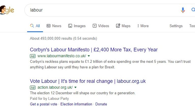 A website run by the Conservative Party has the top slot for the search &#39;Labour&#39; on Google