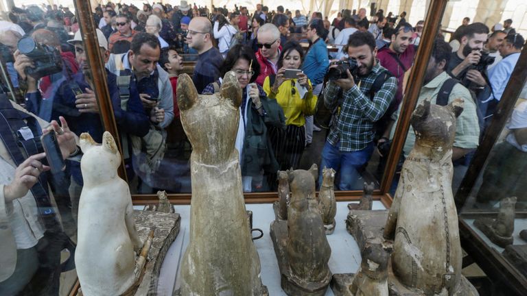 Cat statues that were found inside a cache, at the Saqqara area near its necropolis are pictured in Giza, Egypt, November 23, 2019