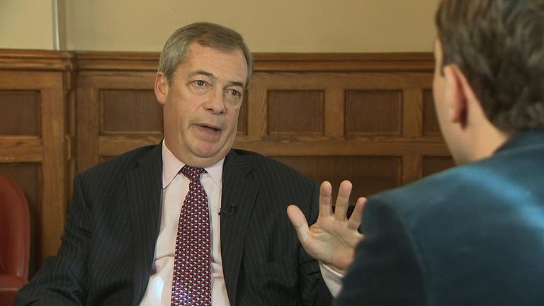 Brexit party leader Nigel Farage spoke to Sky News&#39; Lewis Goodall about his bribery allegations against the Tories 