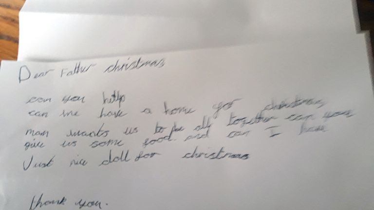 The letter to Father Christmas written by a seven-year-old child asking for a home and food for her family for Christmas that  was left in a Christmas postbox at the L6 Community Centre in Everton