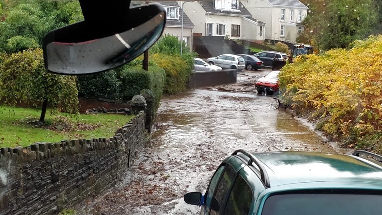 Severe flooding in Pontardawe, Wales. Pic: @AmmanfordFire