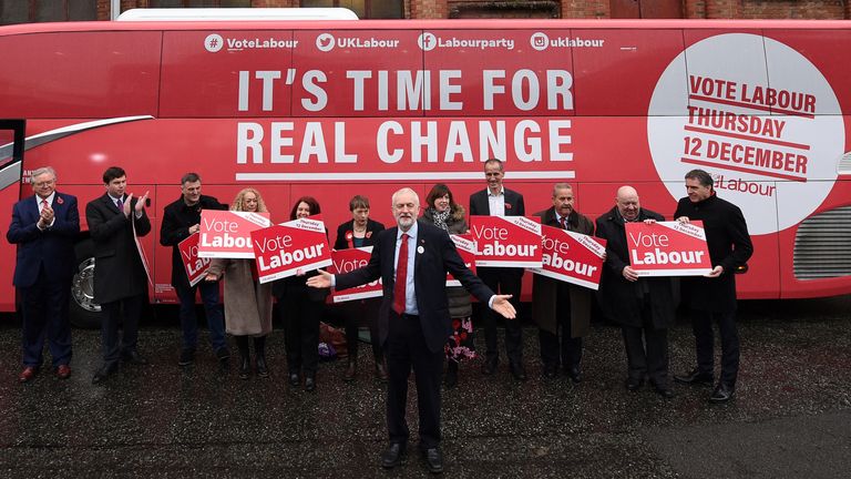 Jeremy Corbyn poses for photographs as he unveils the party&#39;s general election campaign &#39;Battle Bus&#39; in Liverpool