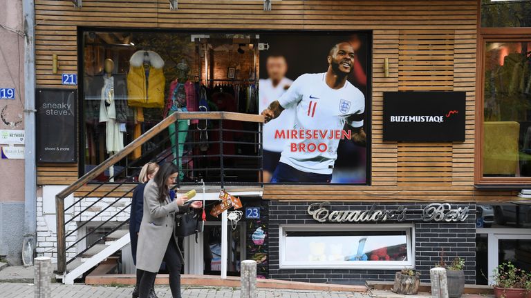 PRISTINA, KOSOVO - NOVEMBER 17: A Raheem Sterling poster before the UEFA Euro 2020 Qualifier between Kosovo and England on November 17, 2019 in Pristina, Kosovo. (Photo by Michael Regan/Getty Images)