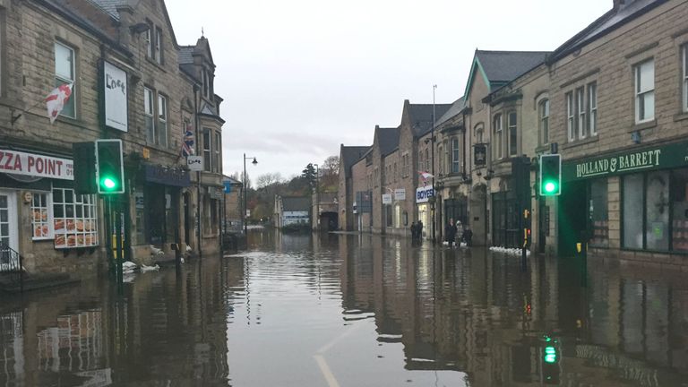 A flooded street in Matlock, Derbyshire