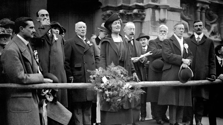 Nancy Astor speaking in front of Plymouth town hall after being elected in 1919
