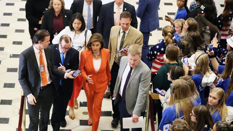 Speaker of the House Nancy Pelosi (D-CA) leaves the floor after the close of a vote by the U.S. House of Representatives on a resolution formalising the impeachment inquiry centred on U.S. President Donald Trump October 31, 2019 in Washington, DC